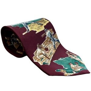 Vintage Oscar de la Renta Silk Tie Baseball Theme Couture Collection Burgundy